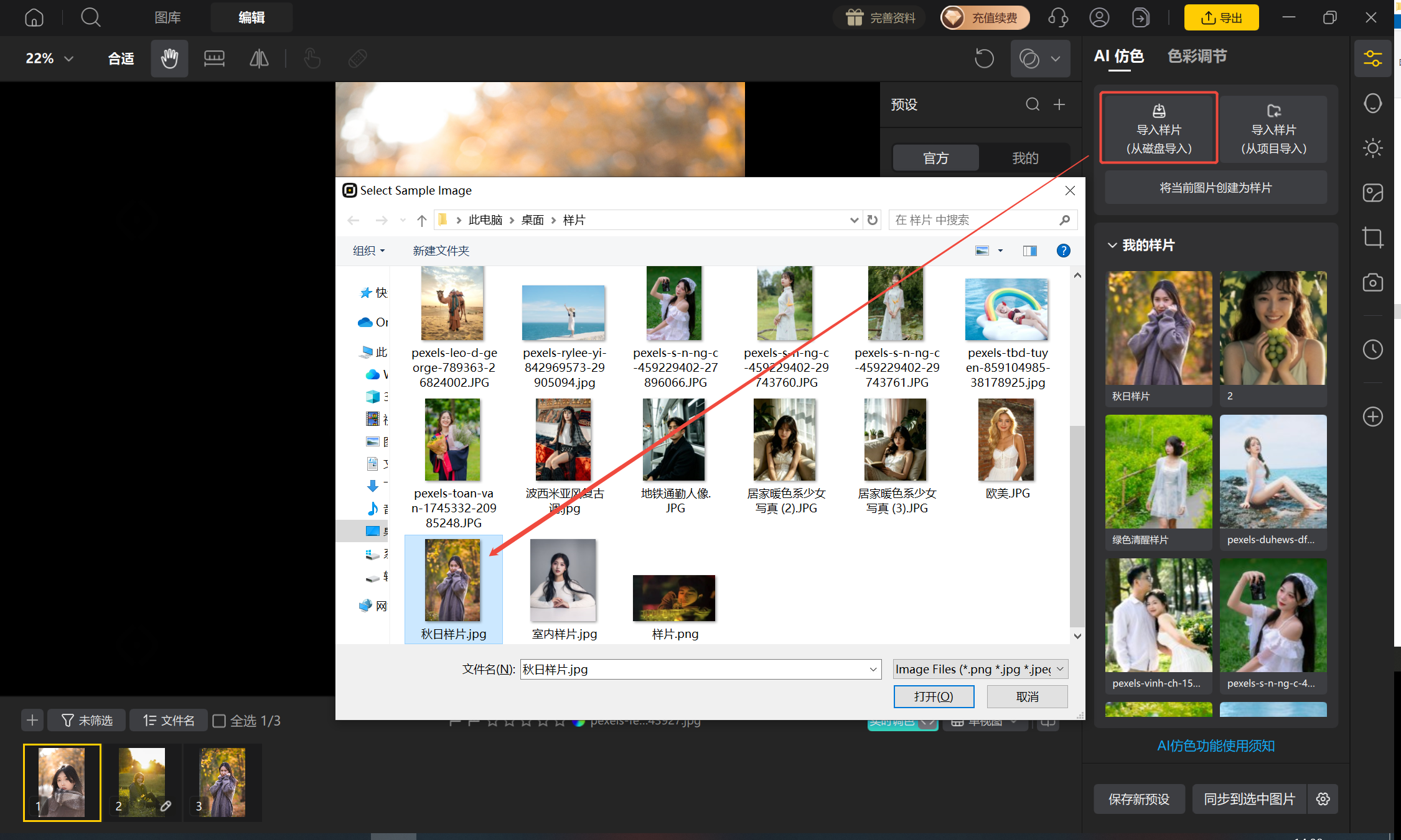 AI仿色导入样片界面示意